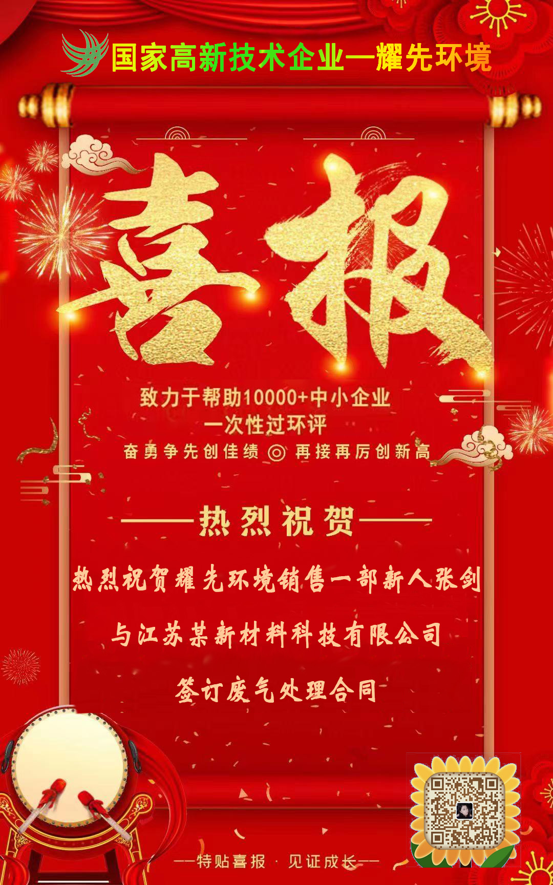 热烈祝贺耀先环境销售一部新人张剑与江苏某新材料科技有限公司签订废气处理合同